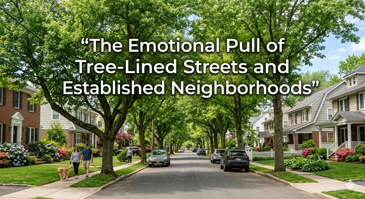 Quiet New Jersey residential street lined with mature trees forming a green canopy over well-maintained homes, creating a peaceful and established neighborhood atmosphere, overlaid with the text: “The Emotional Pull of Tree-Lined Streets and Established Neighborhoods”