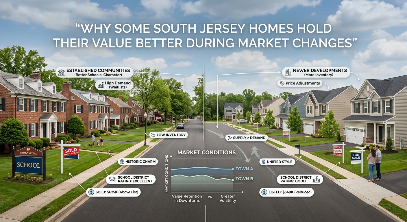 South Jersey homes in different neighborhoods compared during changing market conditions, , overlaid with the text: “Why Some South Jersey Homes Hold Their Value Better During Market Changes”