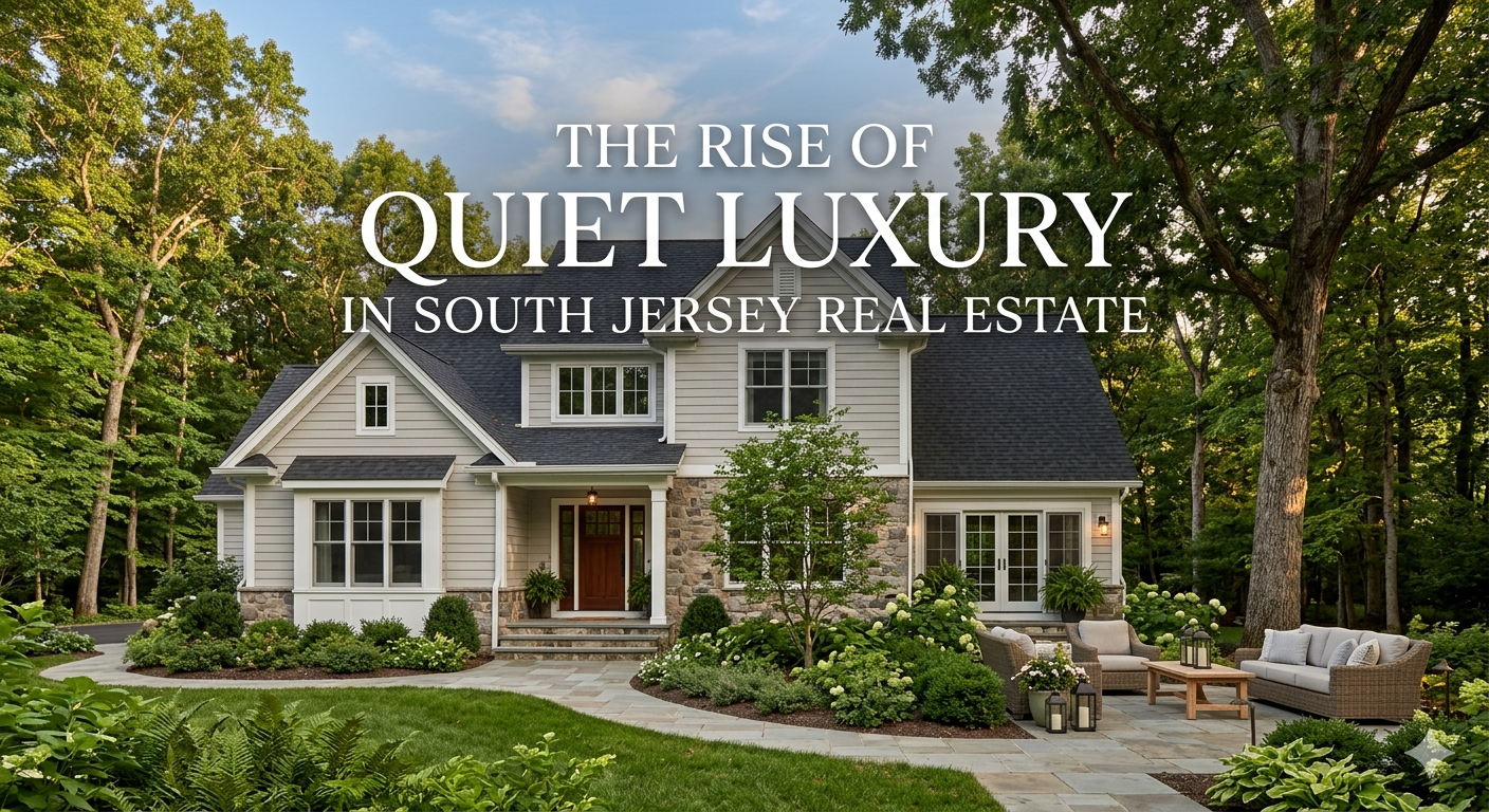 Elegant South Jersey home surrounded by mature trees and soft natural landscaping, featuring neutral-toned architecture and a serene outdoor living space, overlaid with the text: “The Rise of Quiet Luxury in South Jersey Real Estate”
