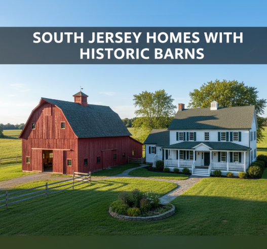  South Jersey home with a restored historic barn on open acreage, showcasing preserved architectural charm and functional outdoor space with Overlay Text: “SOUTH JERSEY HOMES WITH HISTORIC BARNS”