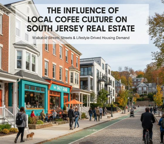 South Jersey neighborhood with a vibrant local coffee shop and nearby homes, showcasing walkable streets and lifestyle-driven housing demand with Overlay Text: “THE INFLUENCE OF LOCAL COFFEE CULTURE ON SOUTH JERSEY REAL ESTATE”