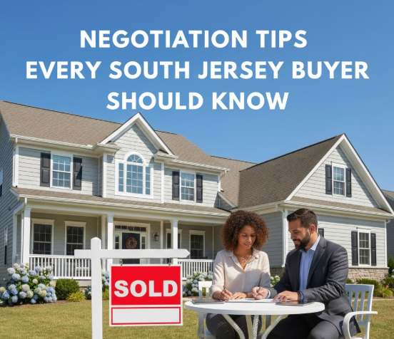 South Jersey home with buyers and agent discussing paperwork, set against a clear blue sky, overlaid with the text: “NEGOTIATION TIPS EVERY SOUTH JERSEY BUYER SHOULD KNOW”