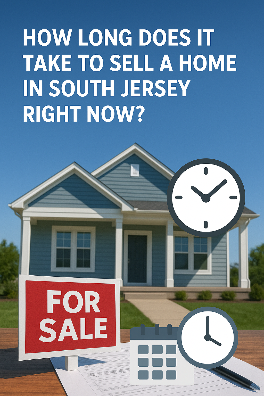 South Jersey home with a For Sale sign, calendar, and clock overlay,set against a clear blue sky, overlaid with the text: “HOW LONG DOES IT TAKE TO SELL A HOME IN SOUTH JERSEY RIGHT NOW?”