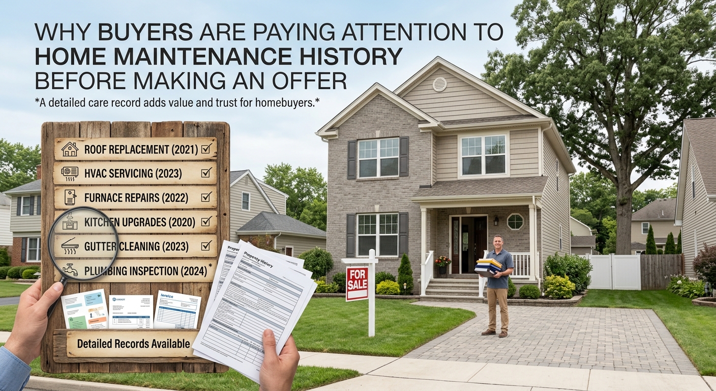 South Jersey home maintenance records displayed beside a well-maintained house exterior with documents showing roof replacement, HVAC servicing, repairs, and upgrades, illustrating why buyers review property care history before making an offer, overlaid with the title: “Why Buyers Are Paying Attention to Home Maintenance History Before Making an Offer.”