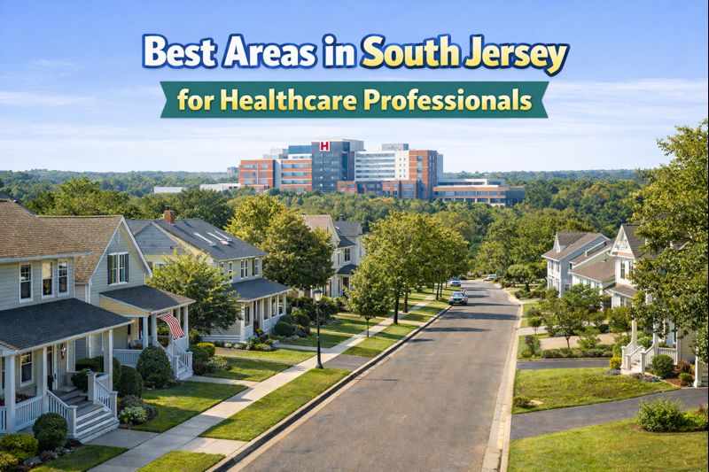 Pleasant South Jersey neighborhood street with easy access to a regional hospital in the background and homes along a quiet road overlaid with text: Best Areas in South Jersey for Healthcare Professionals