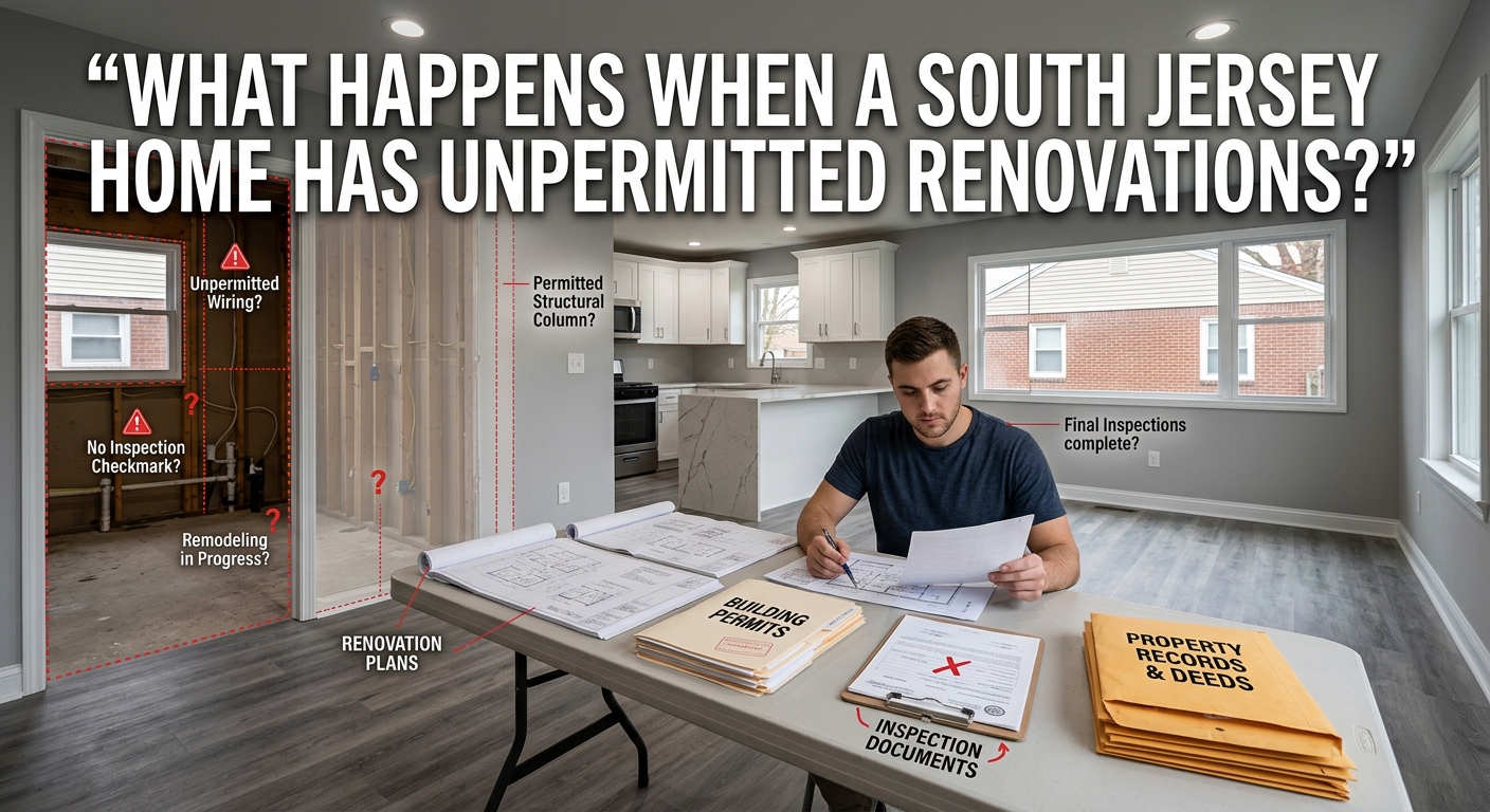 South Jersey homebuyer reviewing renovation plans, building permits, inspection documents, and property records while viewing a remodeled home overlaid with the text: “What Happens When a South Jersey Home Has Unpermitted Renovations?”