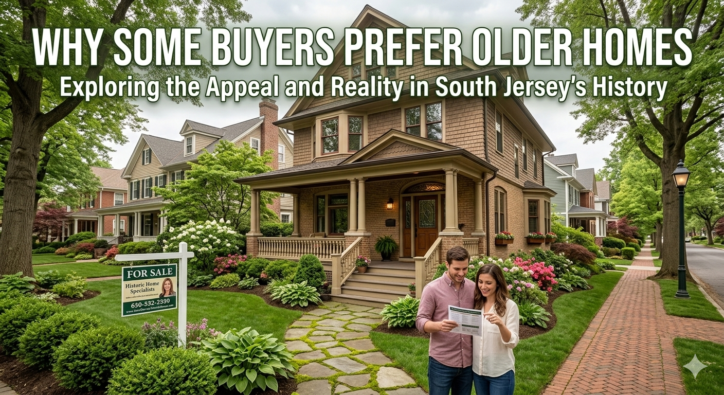  South Jersey older home with historic charm, mature landscaping, and classic architectural details, highlighting buyer preference despite maintenance needs with Overlay Text: “WHY SOME BUYERS PREFER OLDER HOMES”