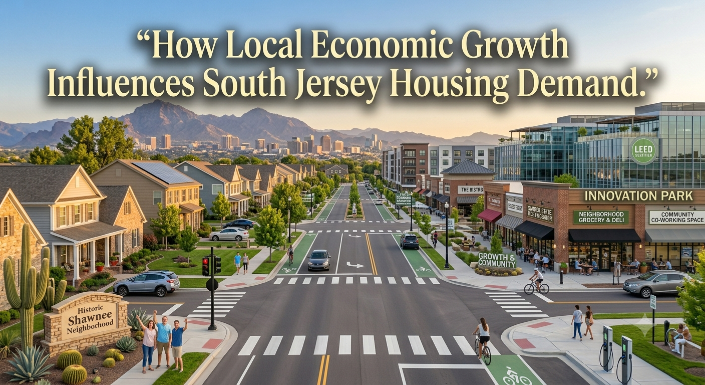  A thriving South Jersey community featuring new businesses, modern office buildings, improved roads, and residential neighborhoods, illustrating how local economic growth influences housing demand, overlaid with the text: “How Local Economic Growth Influences South Jersey Housing Demand.” 