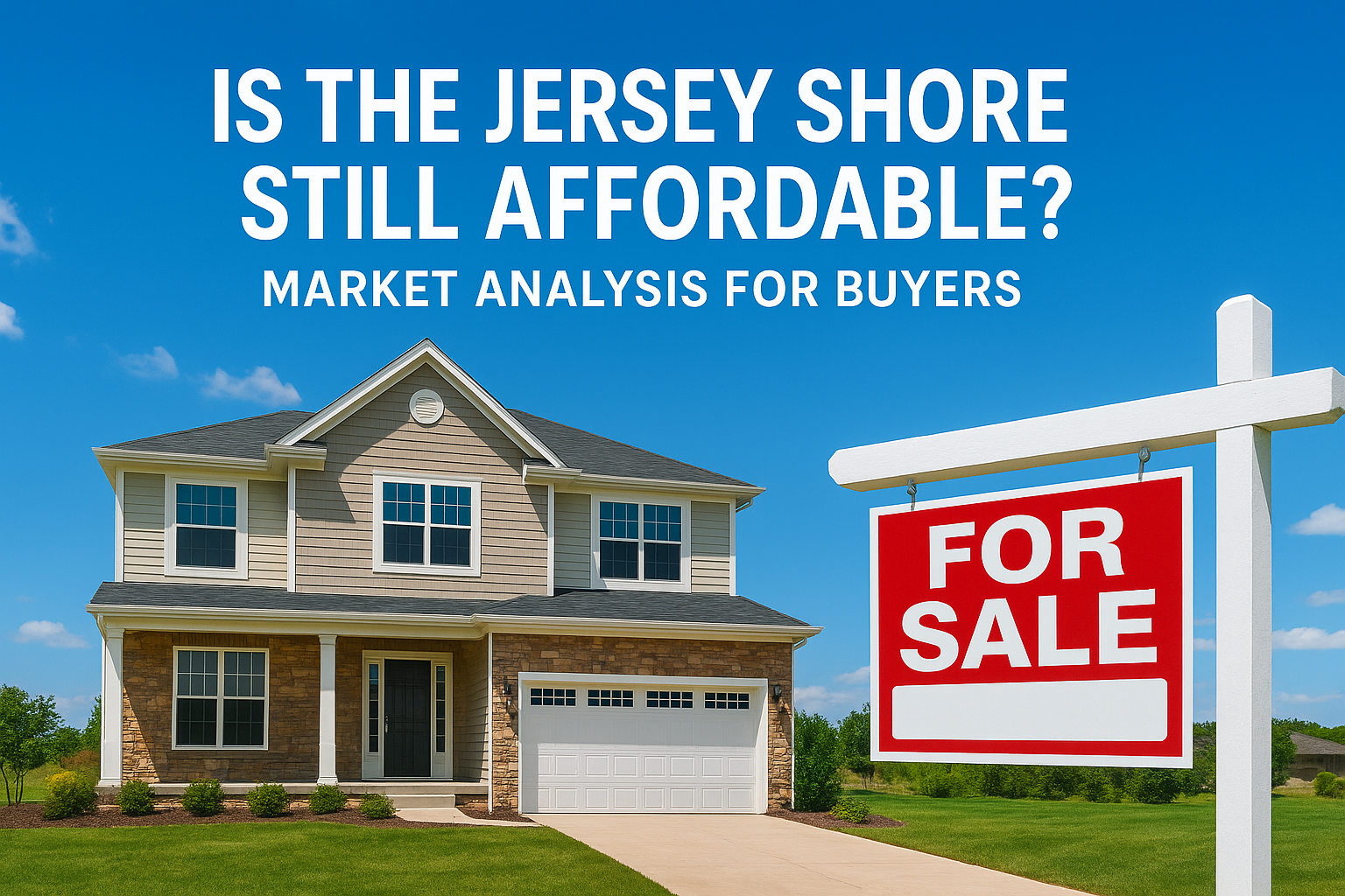 New construction two-story South Jersey suburban home with stone and siding accents, set against a bright blue sky with a real estate sign in the foreground, overlaid with the text: ‘IS THE JERSEY SHORE STILL AFFORDABLE? MARKET ANALYSIS FOR BUYERS’