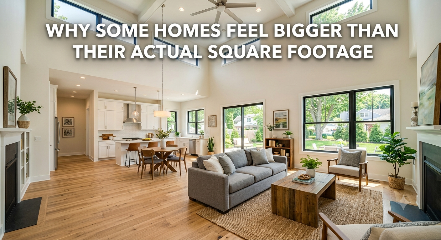 Bright, open-concept South Jersey home with high ceilings, large windows, continuous flooring, and thoughtfully arranged furniture, illustrating why some homes feel bigger than their actual square footage, overlaid with the text: “Why Some Homes Feel Bigger Than Their Actual Square Footage.” 