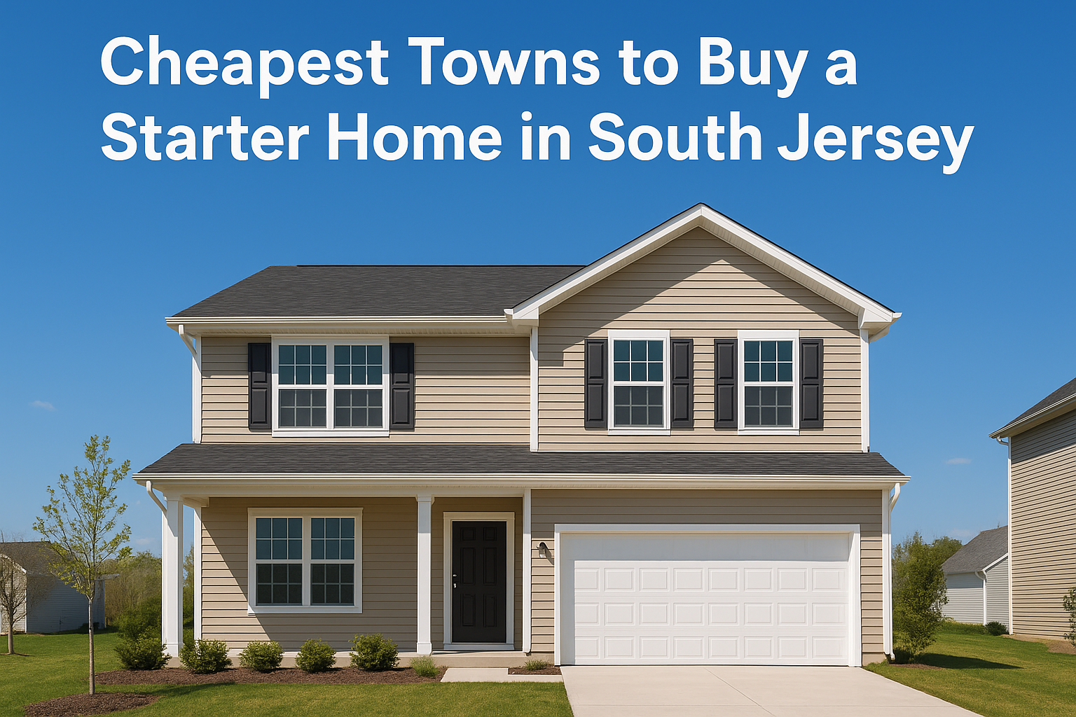 Modern two-story South Jersey suburban home with tan siding and an attached garage, set against a clear blue sky, overlaid with the text: Cheapest Towns to Buy a Starter Home in South Jersey