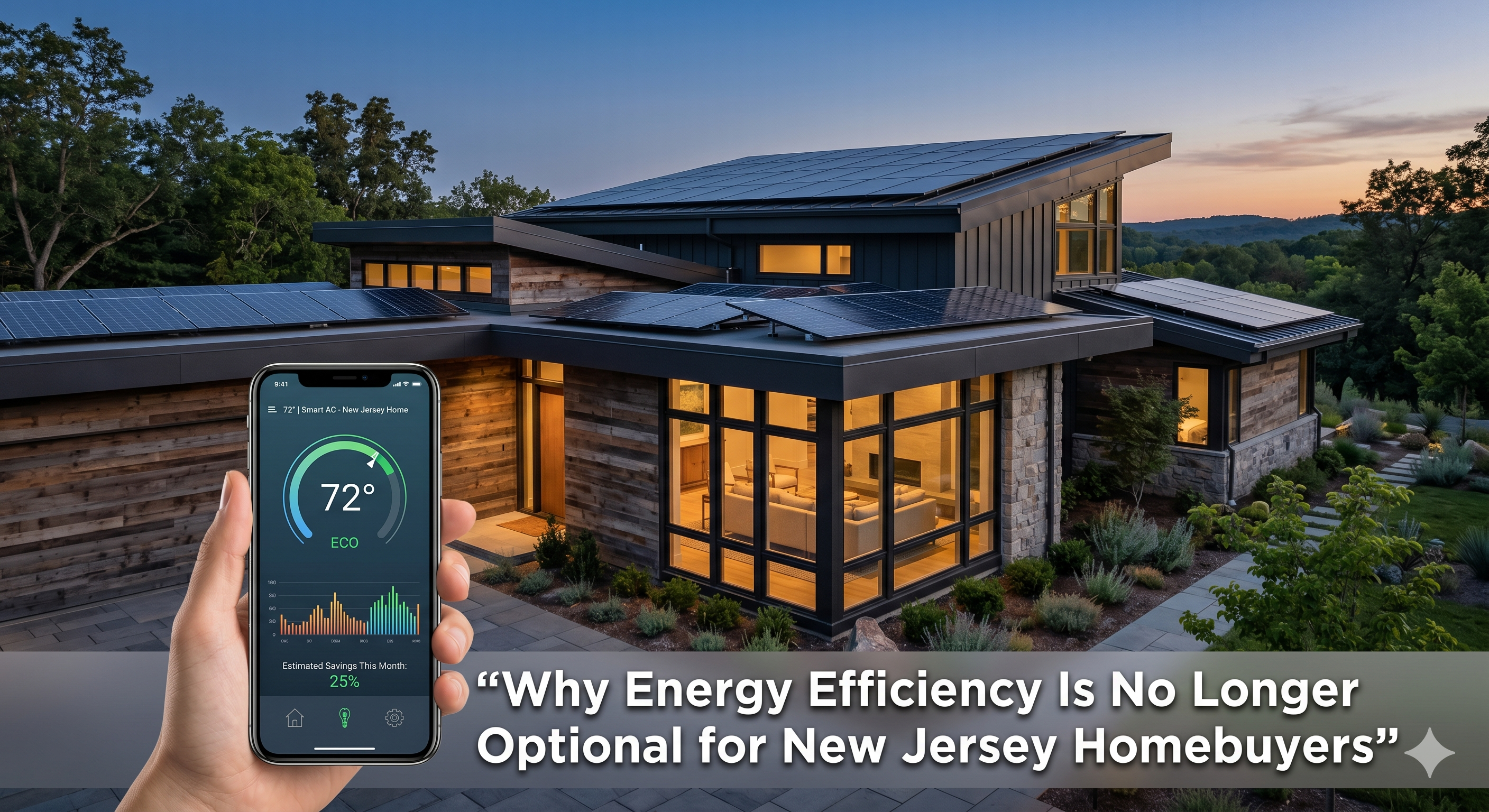 Modern New Jersey home featuring solar panels, energy-efficient windows, and smart thermostat interface displayed on a mobile device, overlaid with the text: “Why Energy Efficiency Is No Longer Optional for New Jersey Homebuyers”