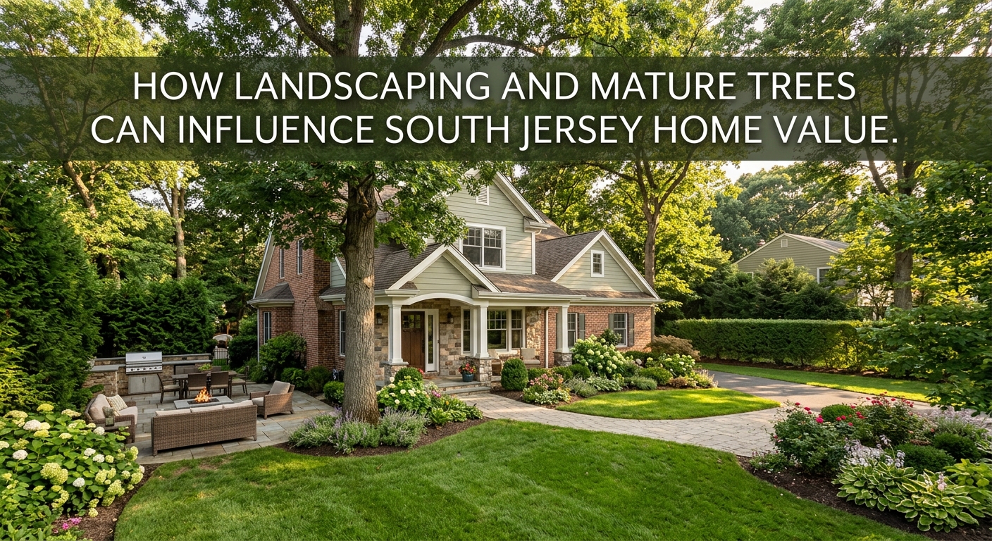 Attractive South Jersey home surrounded by mature trees, established landscaping, healthy lawn, garden beds, and a private outdoor living area, illustrating how curb appeal, shade, privacy, and usable outdoor space can influence buyer perception and home value, overlaid with the title: “How Landscaping and Mature Trees Can Influence South Jersey Home Value.” 