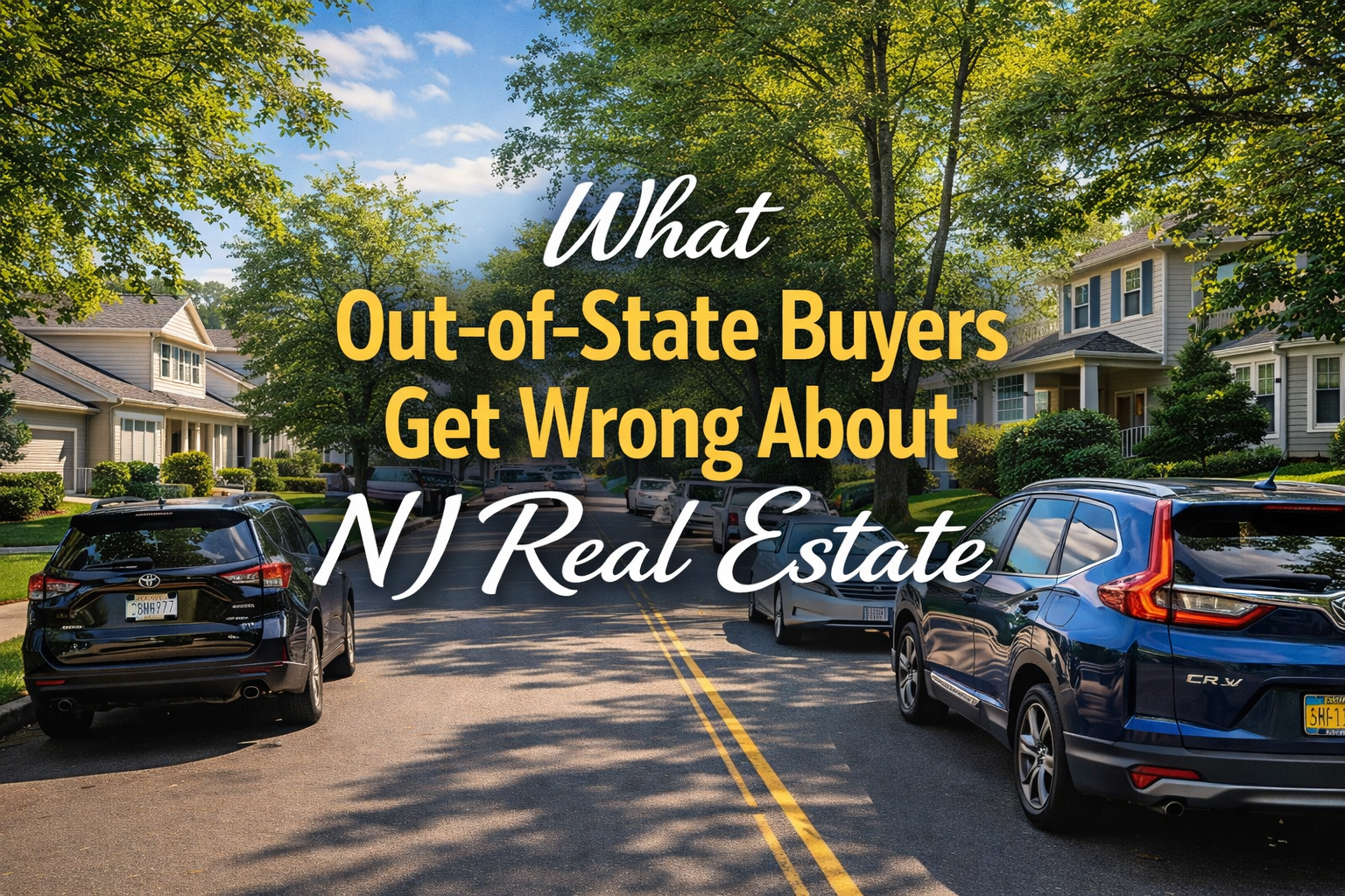 New Jersey suburban neighborhood with a mix of homes, tree-lined streets, and cars with out-of-state license plates parked along the road with text: What Out-of-State Buyers Get Wrong About NJ Real Estate