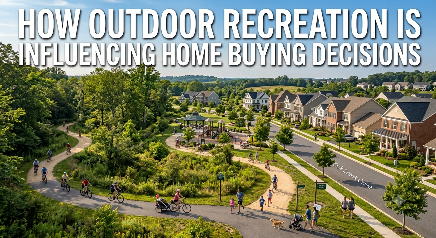 A South Jersey neighborhood with nearby walking trails, a community park, scenic lake, and families enjoying outdoor recreation, illustrating how outdoor amenities influence home-buying decisions, overlaid with the text: “How Outdoor Recreation Is Influencing Home Buying Decisions.”