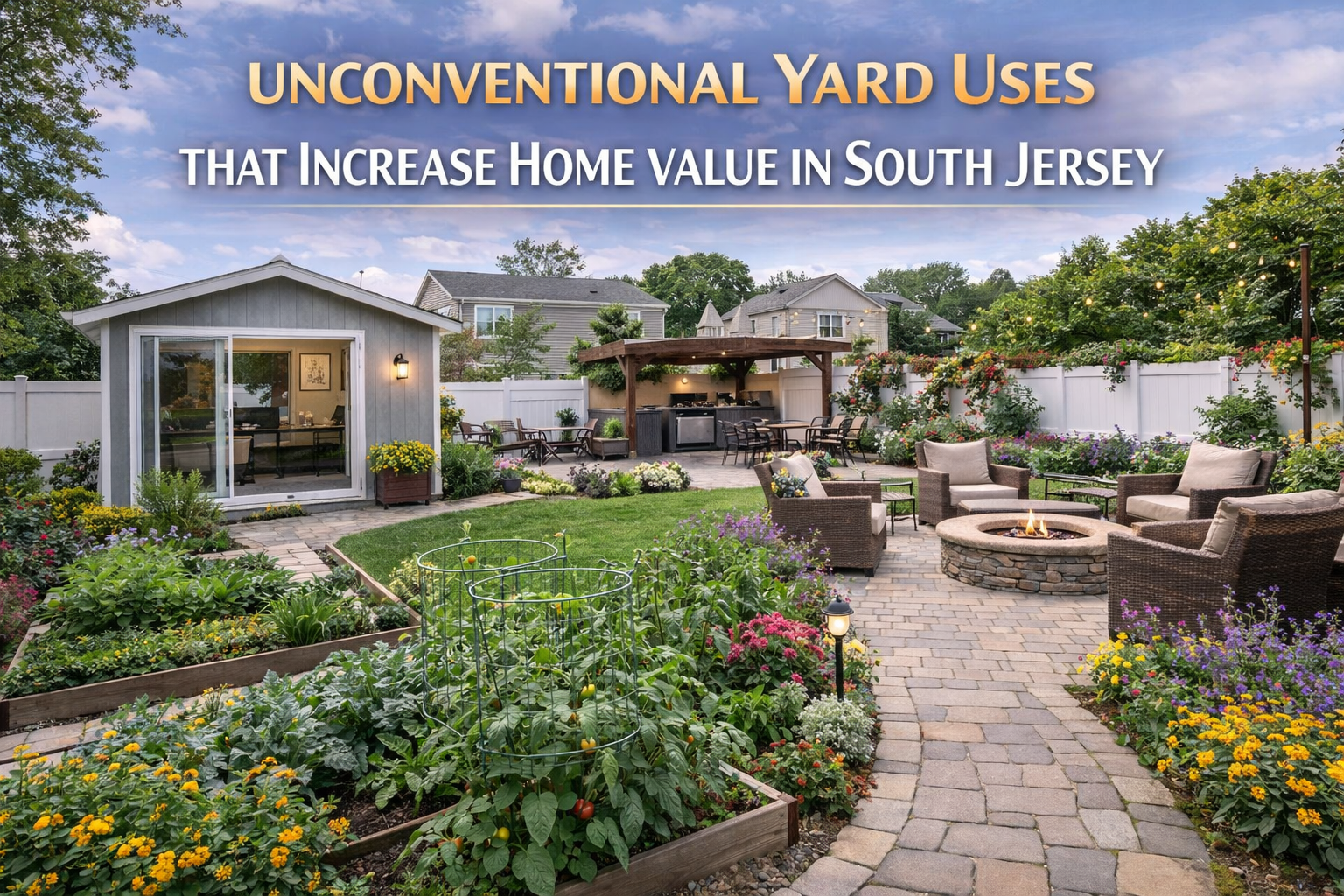 South Jersey home with a multifunctional backyard featuring an outdoor office, garden space, and entertainment area, highlighting lifestyle-driven outdoor upgrades with Overlay Text: “UNCONVENTIONAL YARD USES THAT INCREASE HOME VALUE IN SOUTH JERSEY”