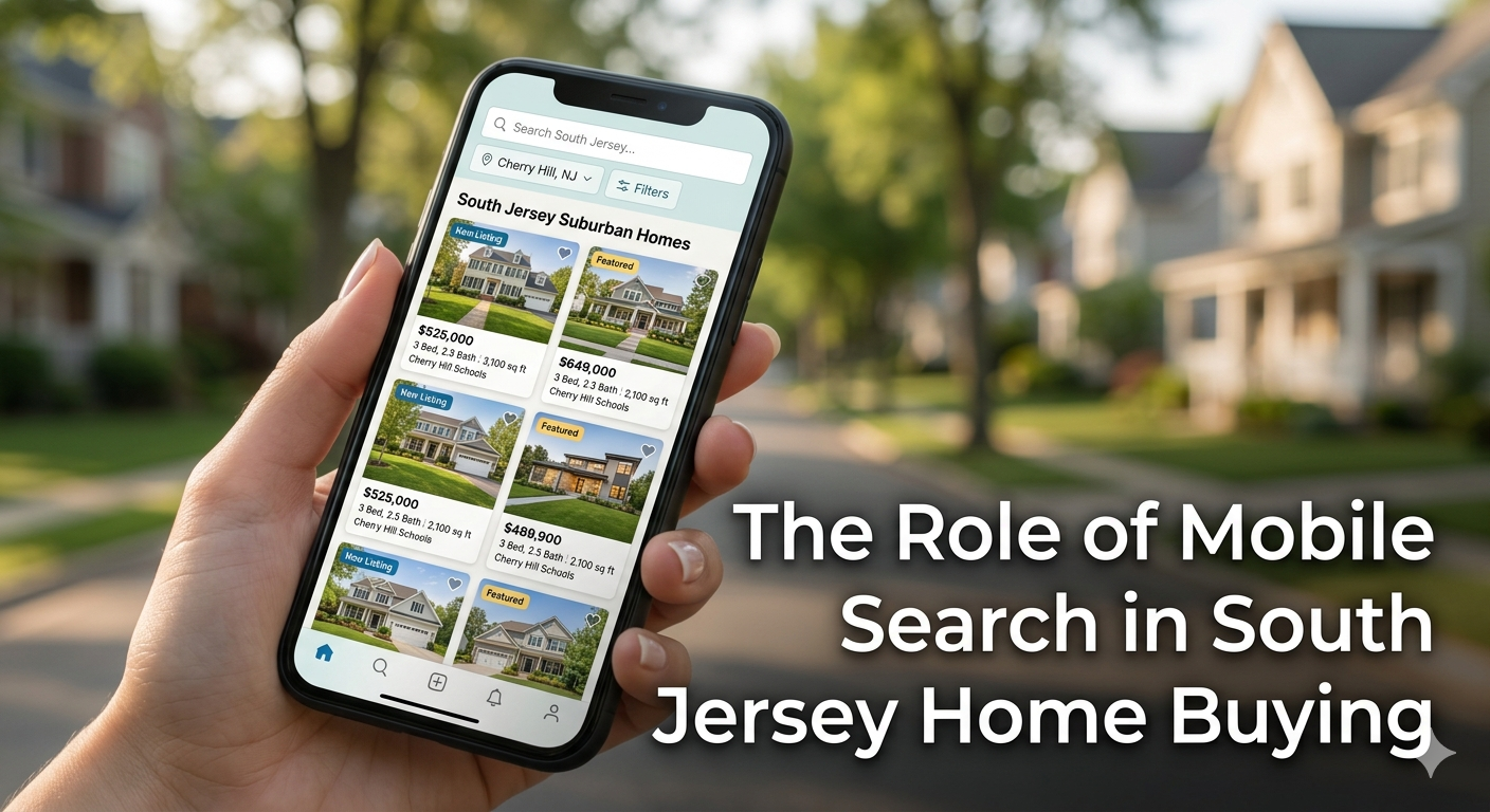 South Jersey suburban neighborhood viewed on a smartphone screen held in hand, showing real estate listings with modern homes, clean UI interface, and soft natural lighting, overlaid with the text: “The Role of Mobile Search in South Jersey Home Buying”