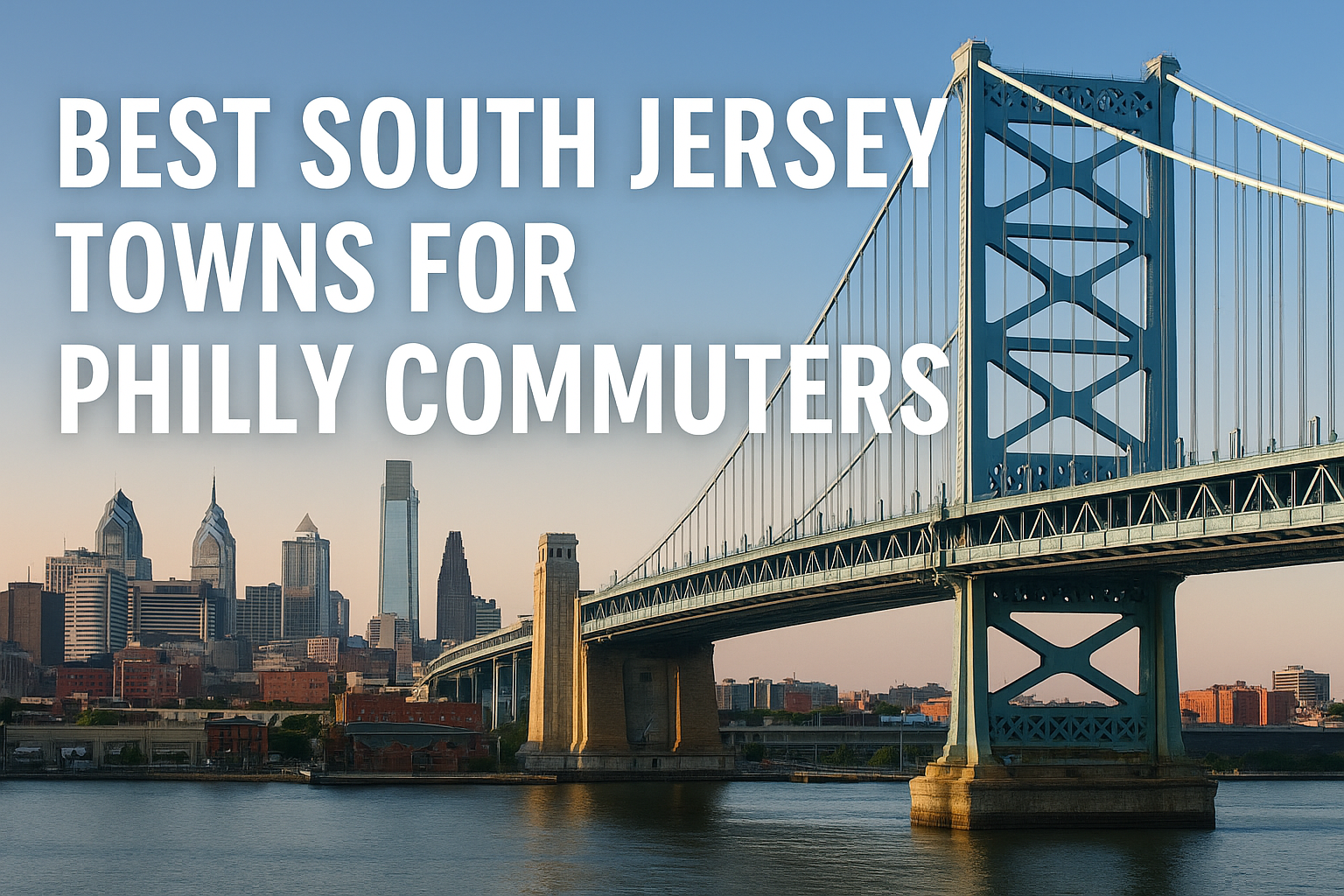 Philadelphia skyline and Benjamin Franklin Bridge at sunset with bold text reading ‘Best South Jersey Towns for Philly Commuters,’ symbolizing commuting between South Jersey and Philadelphia.