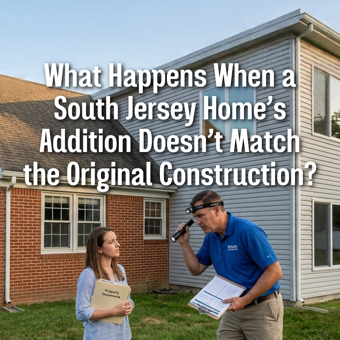A South Jersey home with a newer rear addition that visibly differs from the original construction, showing contrasting exterior siding, rooflines, and window styles while a home inspector reviews the structure and building documents, overlaid with the exact title: “What Happens When a South Jersey Home’s Addition Doesn’t Match the Original Construction?” 