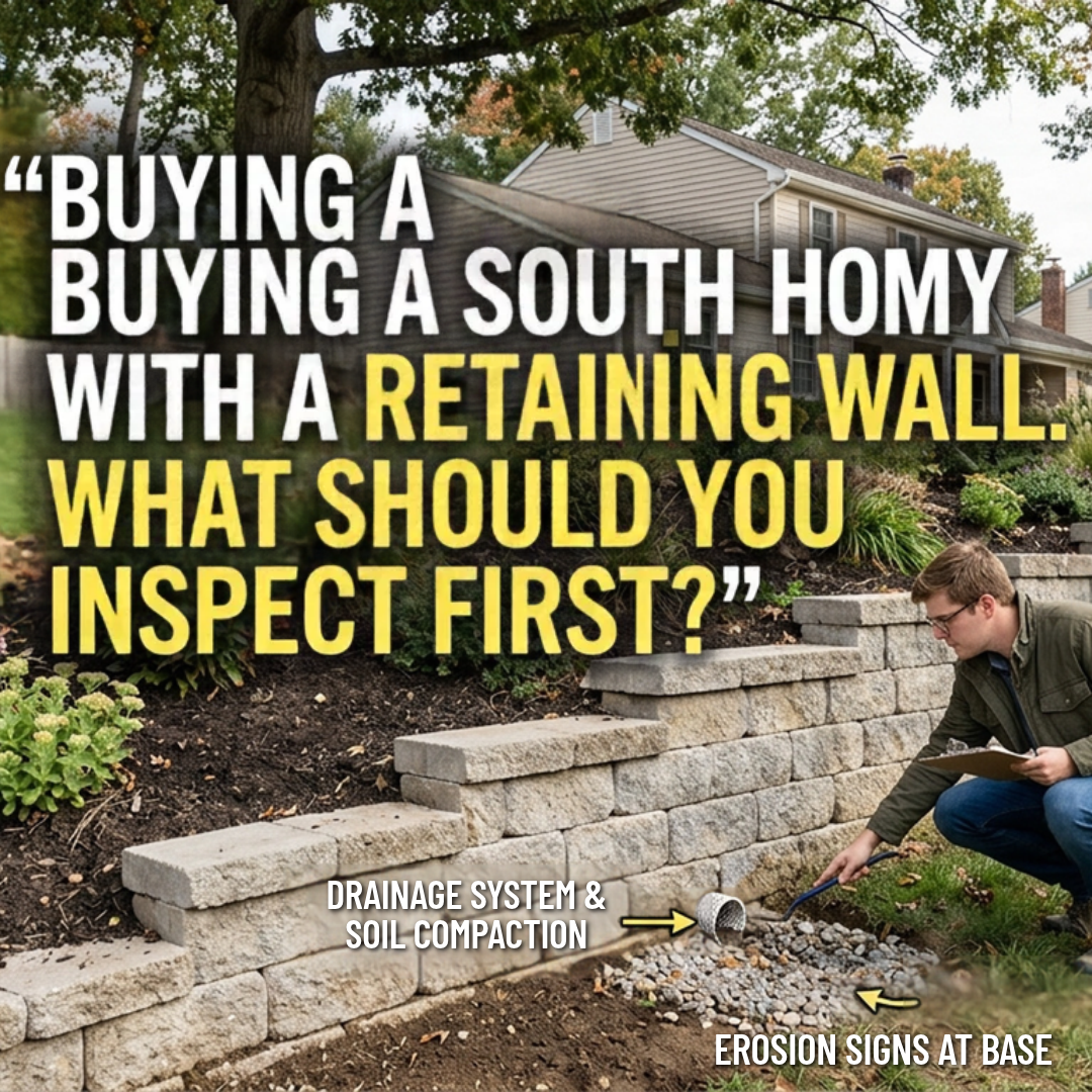 South Jersey home with a sloped landscaped backyard supported by a retaining wall, showing the wall's alignment, drainage area, and surrounding soil as a buyer inspects the property, overlaid with the exact title: “Buying a South Jersey Home With a Retaining Wall: What Should You Inspect First?”