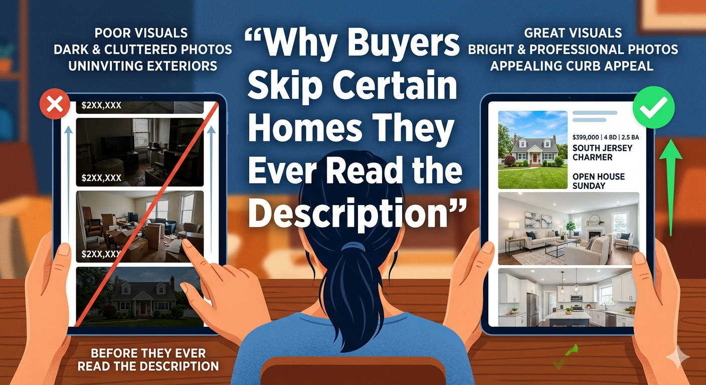 A buyer scrolling through South Jersey home listings on a tablet, quickly passing over one listing with dark, cluttered photos while stopping on another with bright, professionally photographed images, illustrating why buyers skip certain homes before reading the description, overlaid with the text: “Why Buyers Skip Certain Homes Before They Ever Read the Description.” 