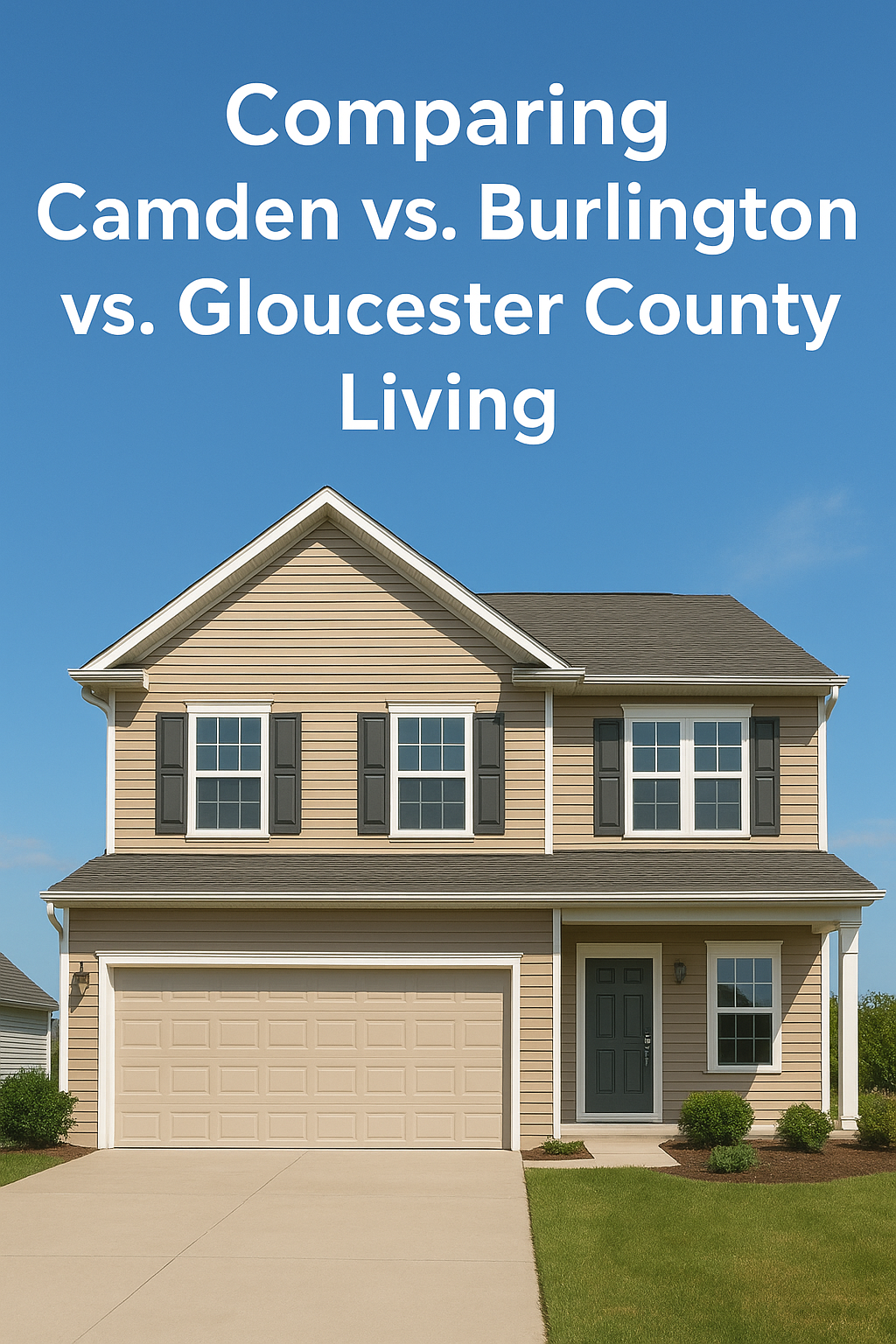Modern two-story South Jersey suburban home with tan siding and an attached garage, set against a clear blue sky, overlaid with the text: Comparing Camden vs. Burlington vs. Gloucester County Living