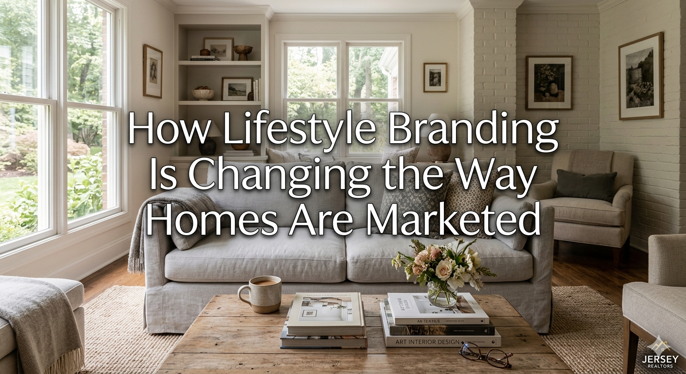Stylish New Jersey home interior with natural lighting, cozy living space, and staged lifestyle elements like coffee and books, designed to evoke emotional connection, overlaid with the text: “How Lifestyle Branding Is Changing the Way Homes Are Marketed”