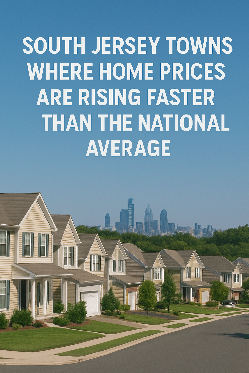  Modern two-story South Jersey suburban home with tan siding and an attached garage, set against a clear blue sky, overlaid with the text:South Jersey Towns Where Home Prices Are Rising Faster Than the National Average
