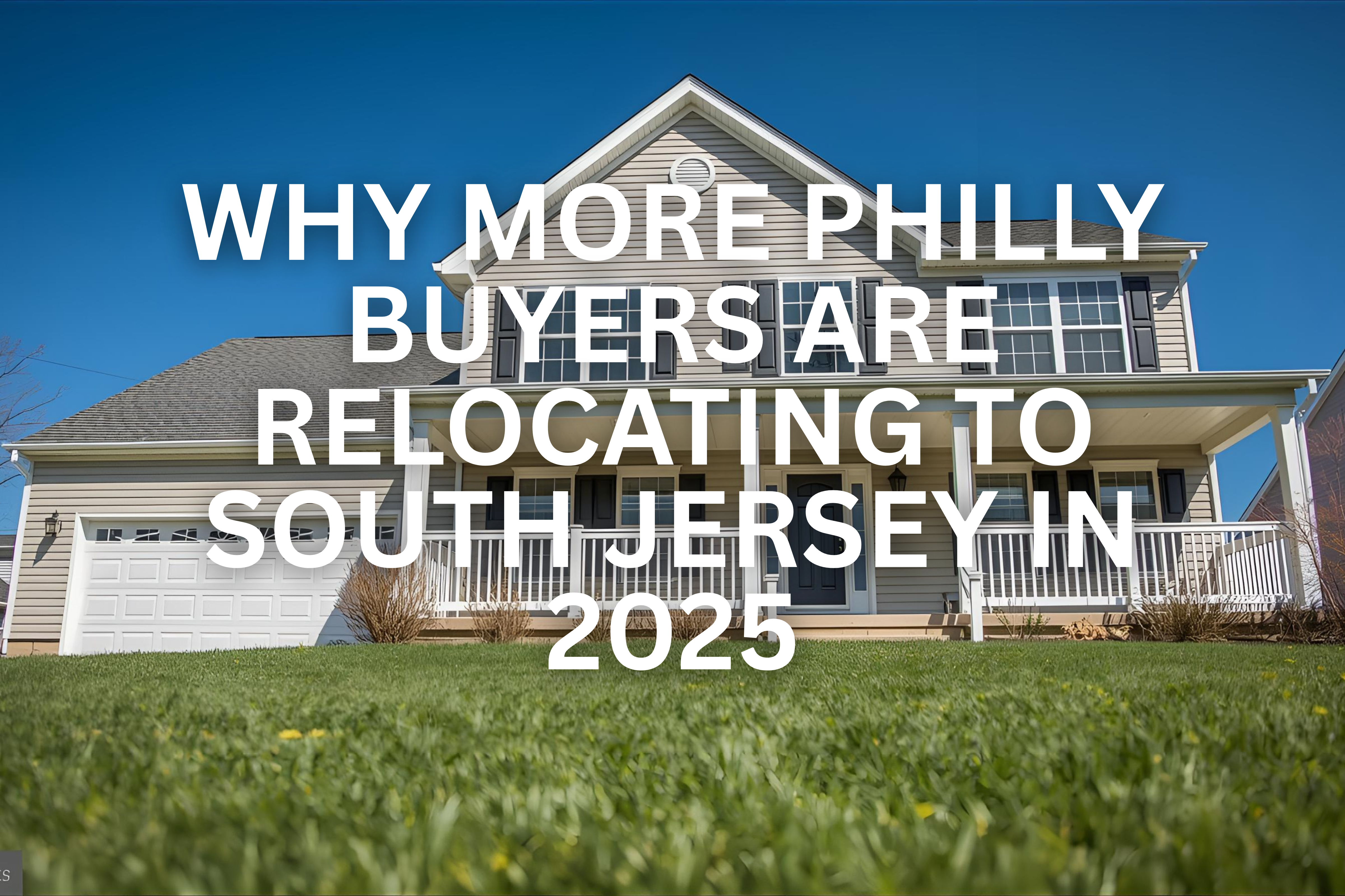 Modern two-story South Jersey suburban home with a white garage door and covered porch, viewed from a low angle over a green lawn, overlaid with the text: 'WHY MORE PHILLY BUYERS ARE RELOCATING TO SOUTH JERSEY IN 2025