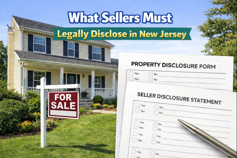 A New Jersey home with a “For Sale” sign and paperwork overlay highlighting disclosure forms overliad with the text: What Sellers Must Legally Disclose in New Jersey
