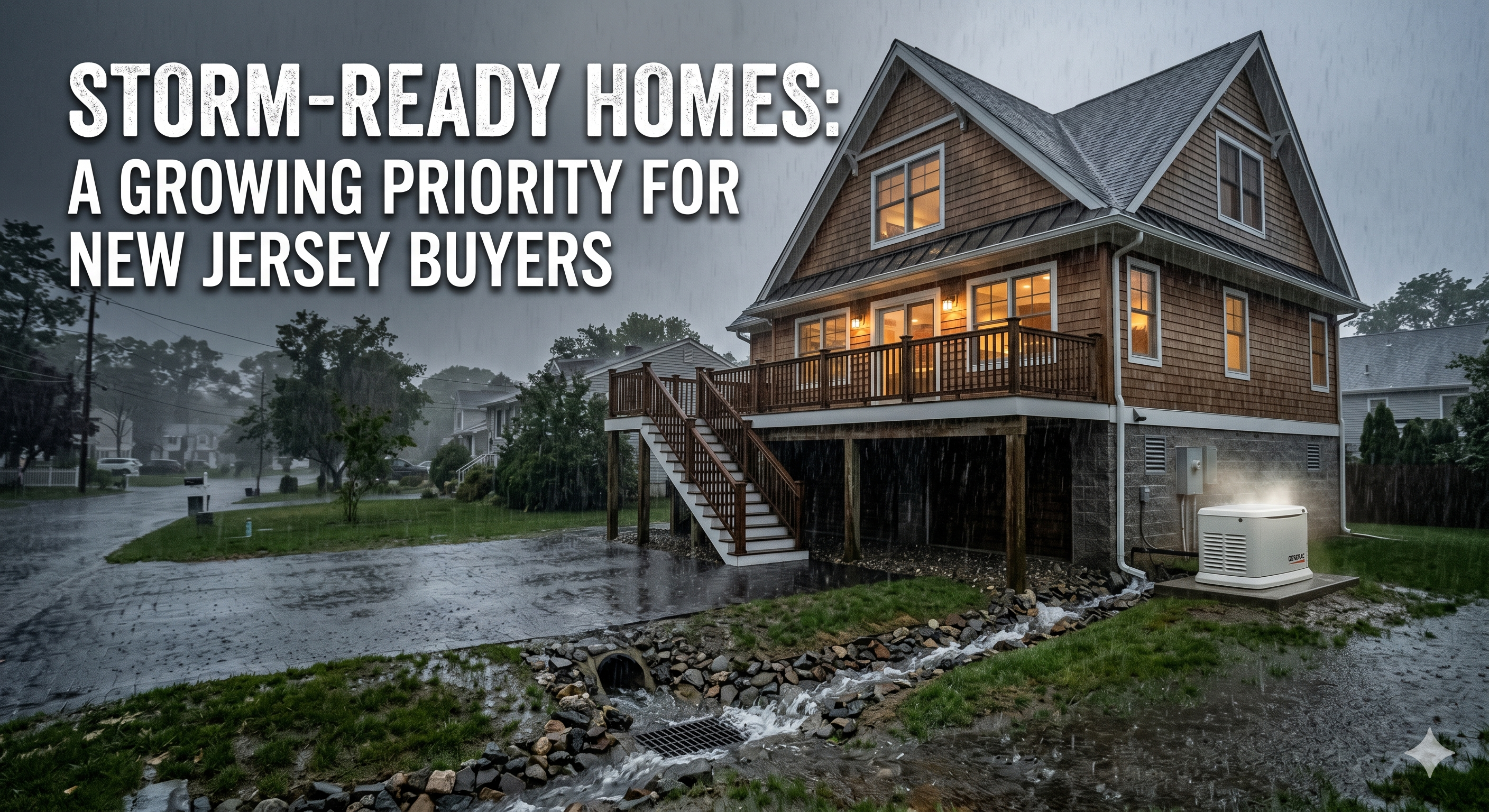 New Jersey home equipped with storm-ready features including elevated foundation, generator unit, reinforced roof, and proper drainage system during a heavy rainstorm, overlaid with the text: “Storm-Ready Homes: A Growing Priority for New Jersey Buyers”