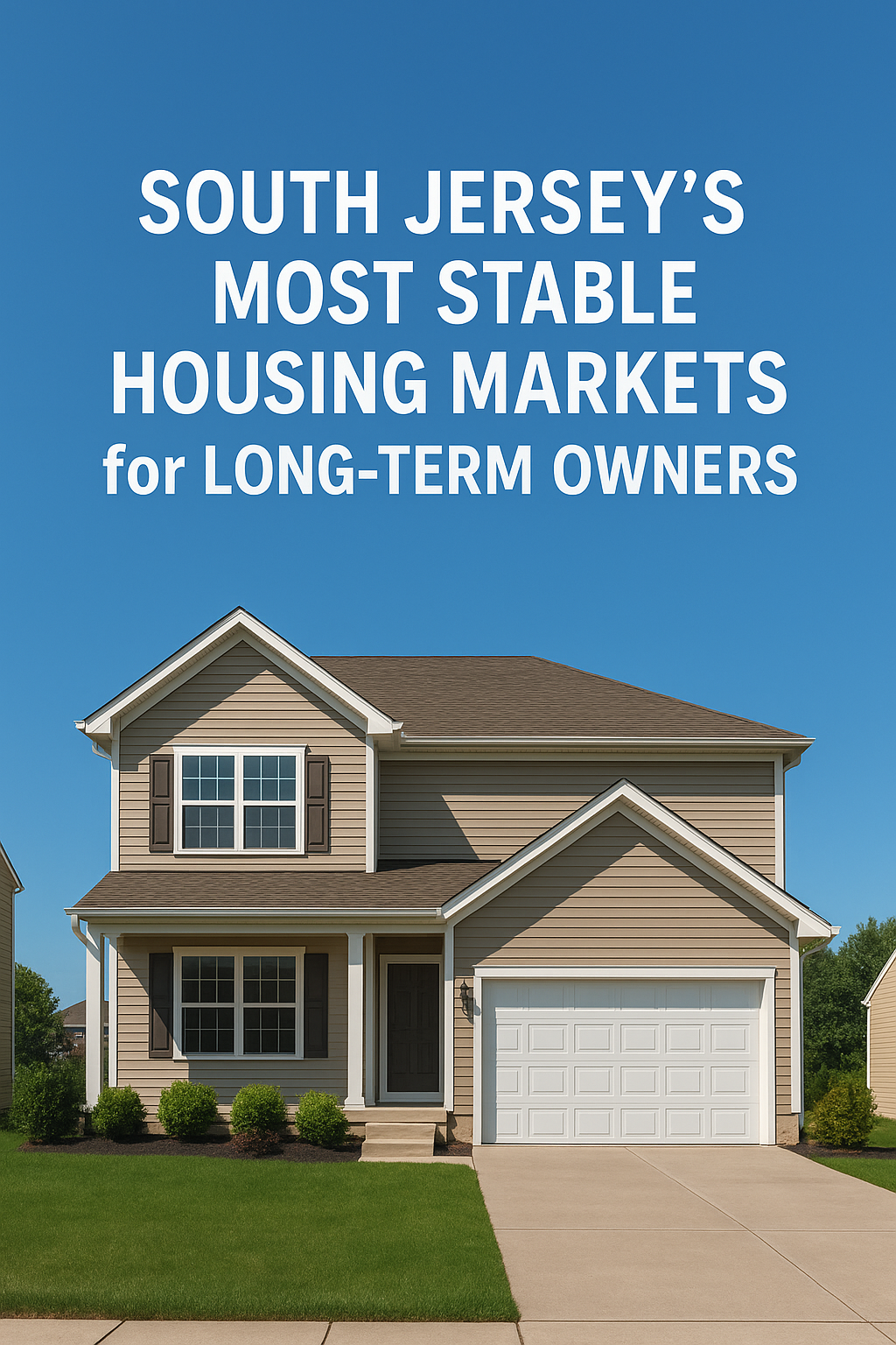 Modern two-story South Jersey suburban home with tan siding and an attached garage, set against a clear blue sky, overlaid with the text: South Jersey’s Most Stable Housing Markets for Long-Term Owners
