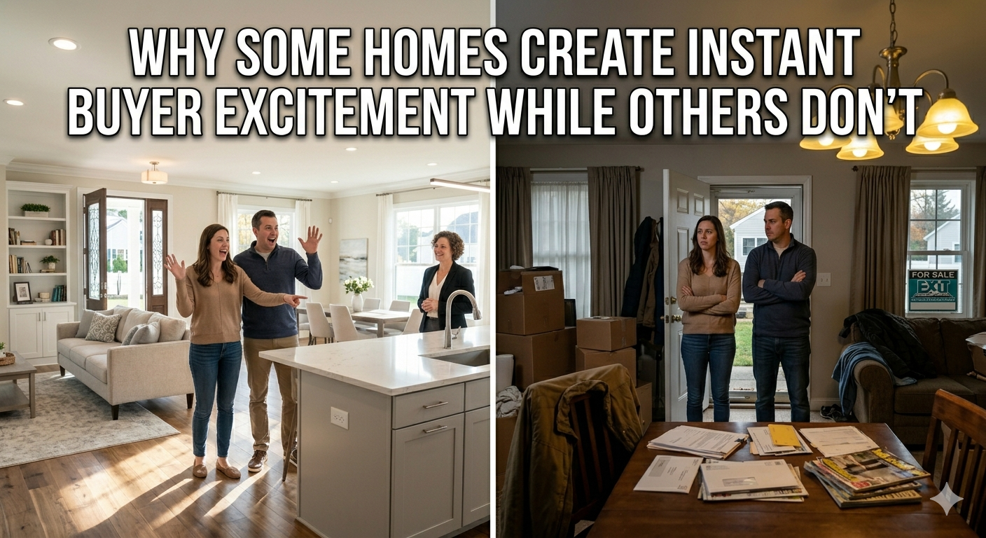 Bright, staged South Jersey home interior with buyers reacting immediately with excitement upon entry, contrasted with a second dim or cluttered home showing hesitation, illustrating why some homes create instant buyer excitement while others do not, overlaid with the text: “Why Some Homes Create Instant Buyer Excitement While Others Don’t” 