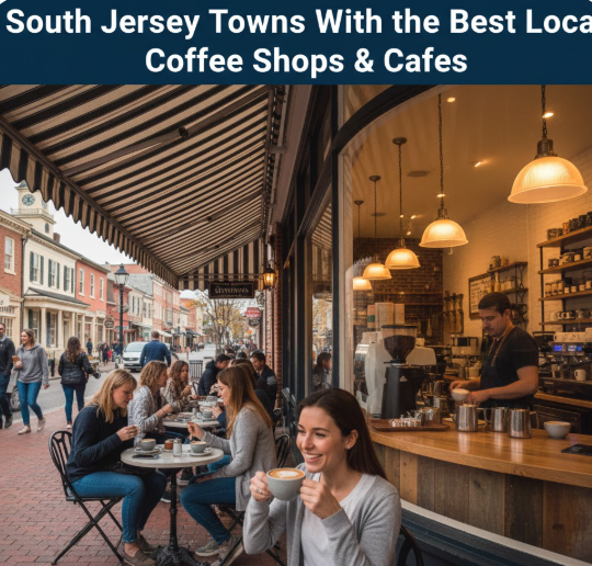 A bustling South Jersey cafe with outdoor seating, baristas preparing coffee, and customers enjoying drinks. OVERLAID WITH TEXT: South Jersey Towns With the Best Local Coffee Shops & Cafes