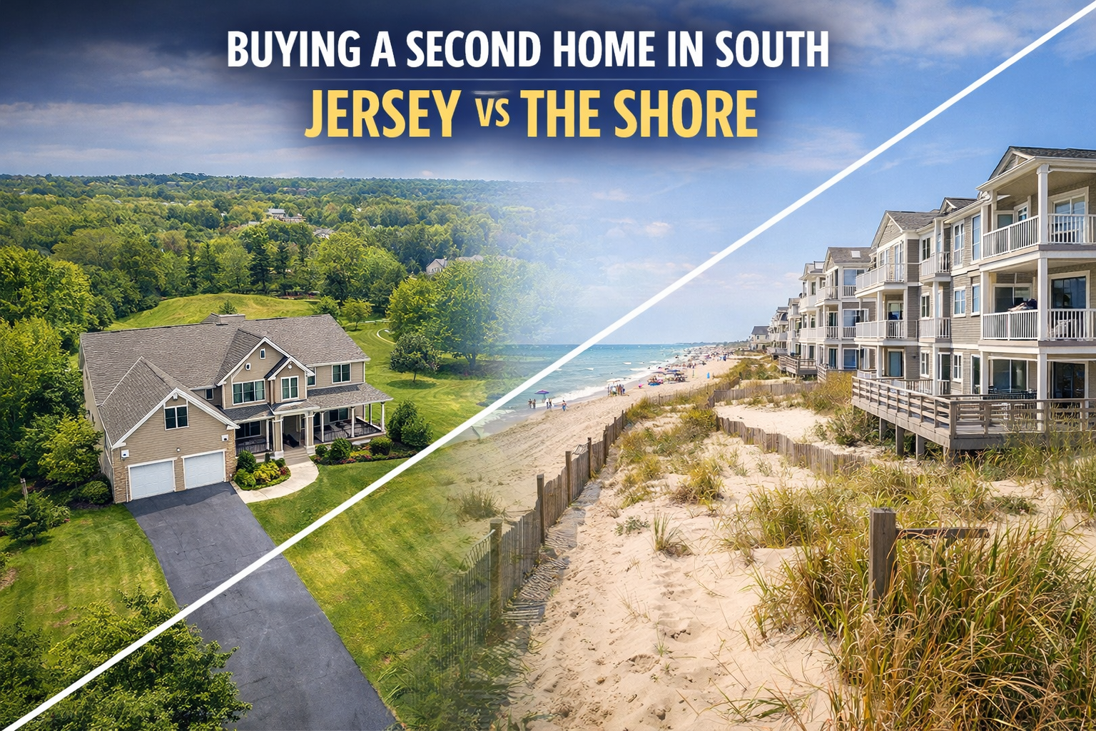Split image showing a quiet South Jersey suburban home with open space on one side and a Jersey Shore beach home on the other, illustrating second home lifestyle choices Overlay Text: “BUYING A SECOND HOME IN SOUTH JERSEY VS THE SHORE”