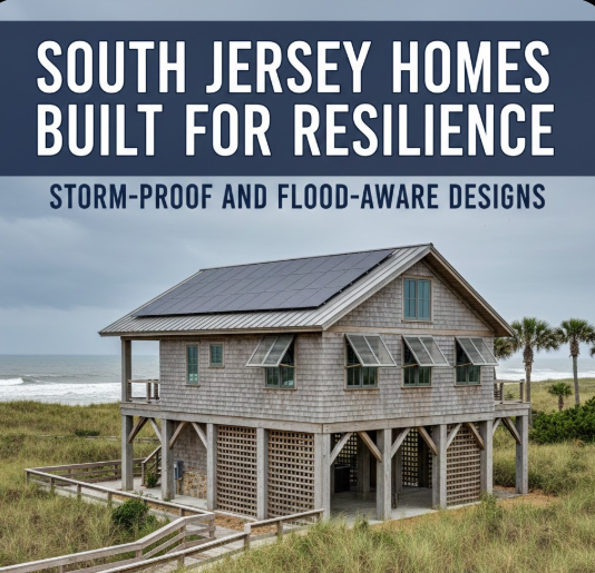  South Jersey home designed for storm resilience with elevated foundation, reinforced structure, and flood-aware architectural features overlaid with text: South Jersey Homes Built for Resilience: Storm-Proof and Flood-Aware Designs