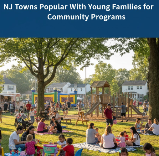 Families with young children enjoying a community event in a New Jersey town park with playgrounds and activity booths OVERLAID WITH TEXT: NJ Towns Popular With Young Families for Community Programs