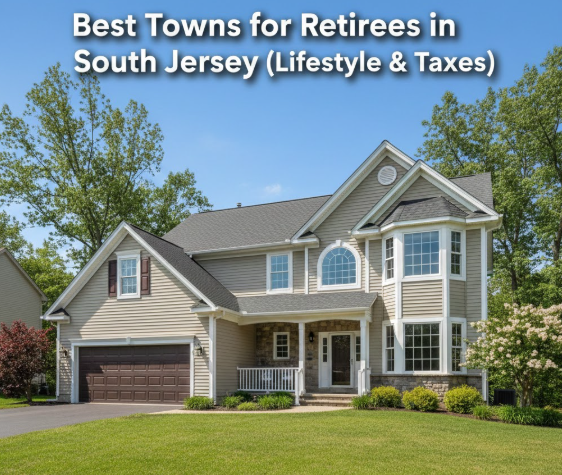 Modern two-story South Jersey suburban home with tan siding and an attached garage, set against a clear blue sky, overlaid with the text: Best Towns for Retirees in South Jersey (Lifestyle & Taxes)