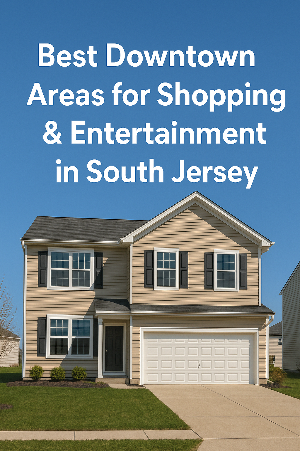 Modern two-story South Jersey suburban home with tan siding and an attached garage, set against a clear blue sky, overlaid with the text: Best Downtown Areas for Shopping & Entertainment in South Jersey