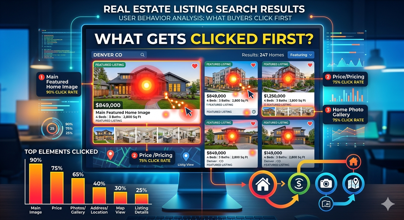 Real estate listing search results on a screen with featured home images and pricing, showing what buyers click first with Overlay Text: “WHAT GETS CLICKED FIRST?”