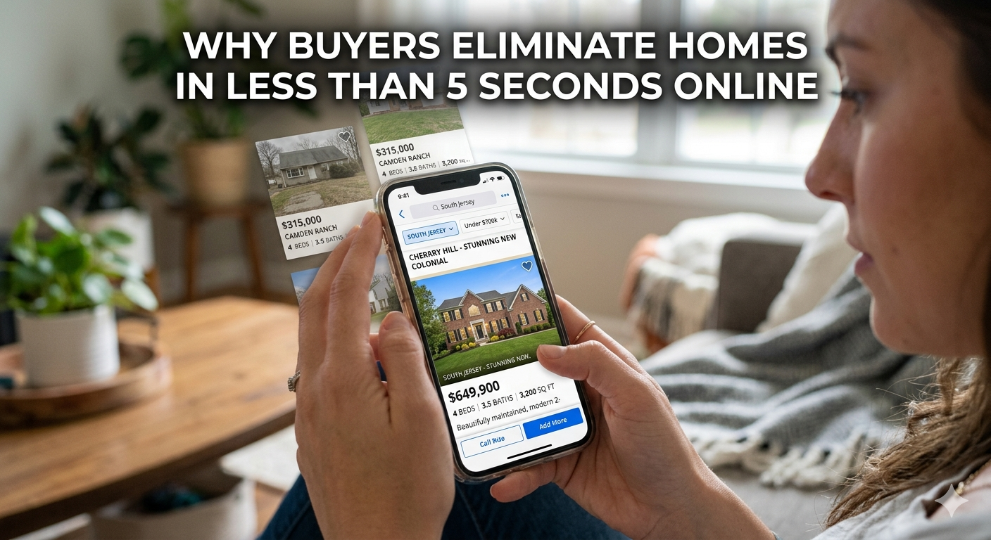 South Jersey home listings displayed on a smartphone screen with buyers quickly scrolling past some properties while stopping on an attractive listing, illustrating how online home decisions are often made within seconds, overlaid with the text: “Why Buyers Eliminate Homes in Less Than 5 Seconds Online” 