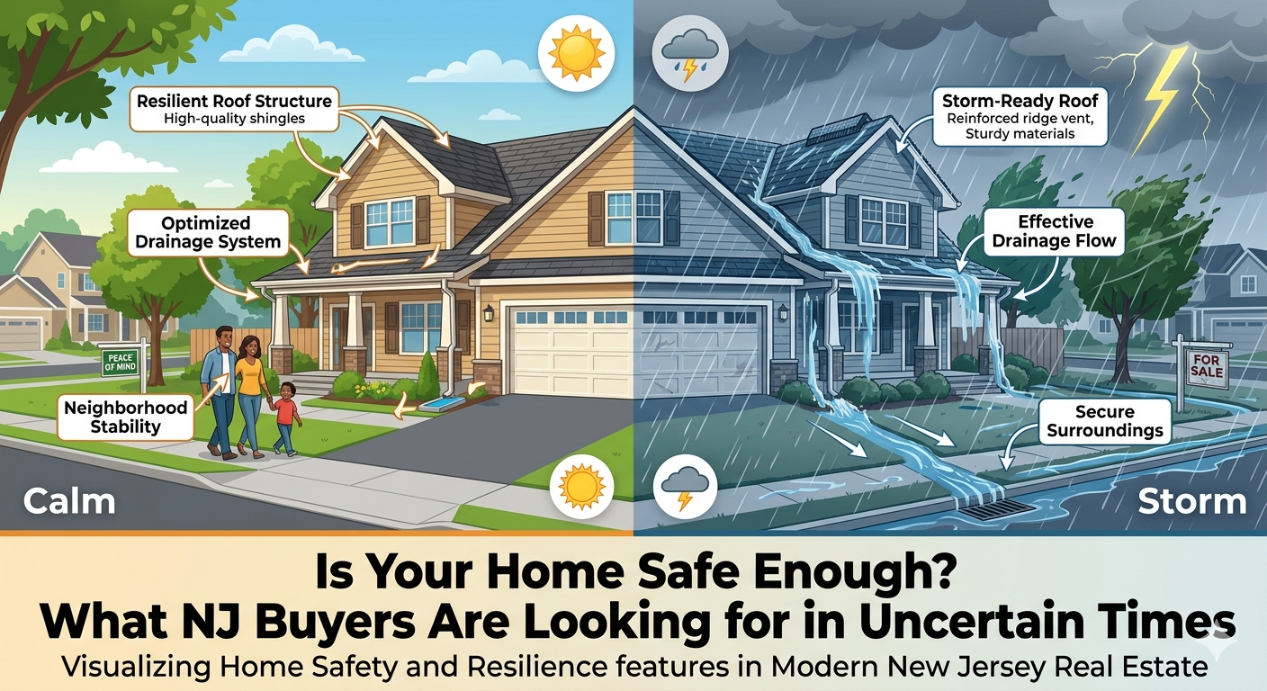 Modern New Jersey suburban home shown during calm and storm conditions side by side, with visual overlays highlighting roof, drainage, and neighborhood stability, illustrating buyer focus on home safety and resilience, with text: “Is Your Home Safe Enough? What NJ Buyers Are Looking for in Uncertain Times”