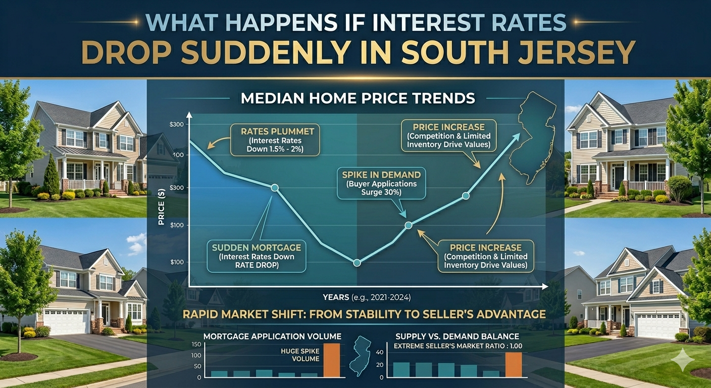 South Jersey suburban homes with downward arrow on interest rates transitioning into upward buyer demand and rising price activity, illustrating the impact of sudden mortgage rate drops on the housing market, overlaid with the text: “What Happens If Interest Rates Drop Suddenly in South Jersey”