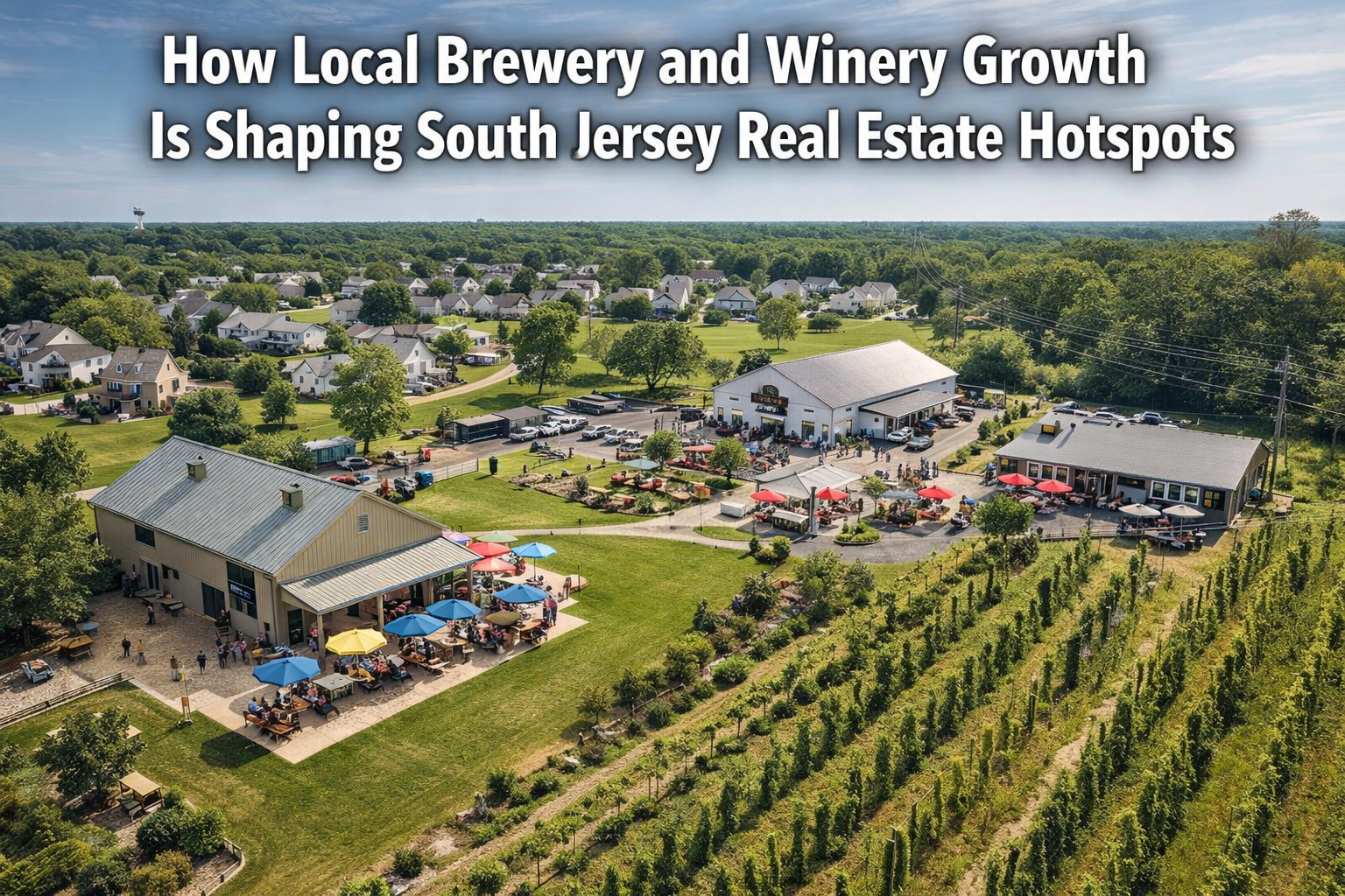 South Jersey winery and brewery scene near residential neighborhoods, highlighting lifestyle-driven real estate demand overlaid with text: How Local Brewery and Winery Growth Is Shaping South Jersey Real Estate Hotspots