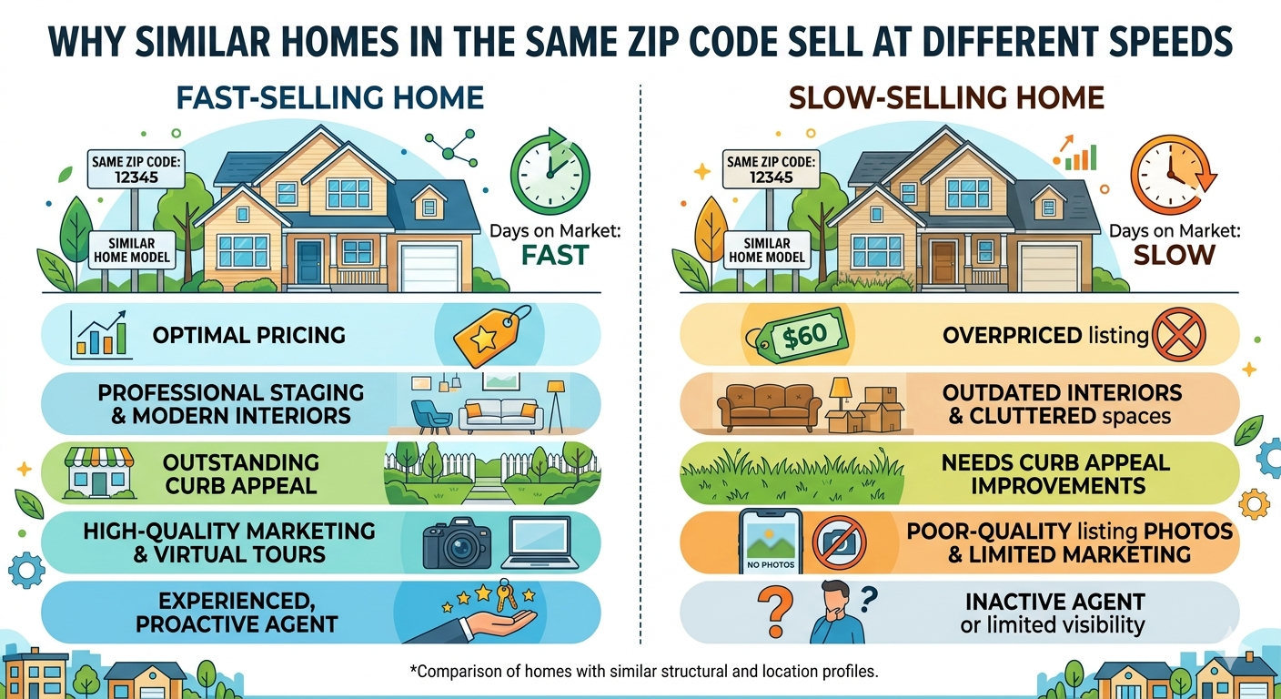 Split view of two similar South Jersey homes in the same ZIP code, one labeled “Under Contract Quickly” and the other labeled “Longer Days on Market,” with subtle buyer behavior and pricing analytics overlays showing why similar homes sell at different speeds.