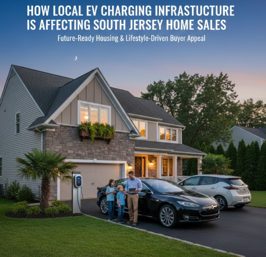 South Jersey home with electric vehicle charging station in the driveway, highlighting future-ready housing and lifestyle-driven buyer appeal with Overlay Text: “HOW LOCAL EV CHARGING INFRASTRUCTURE IS AFFECTING SOUTH JERSEY HOME SALES”