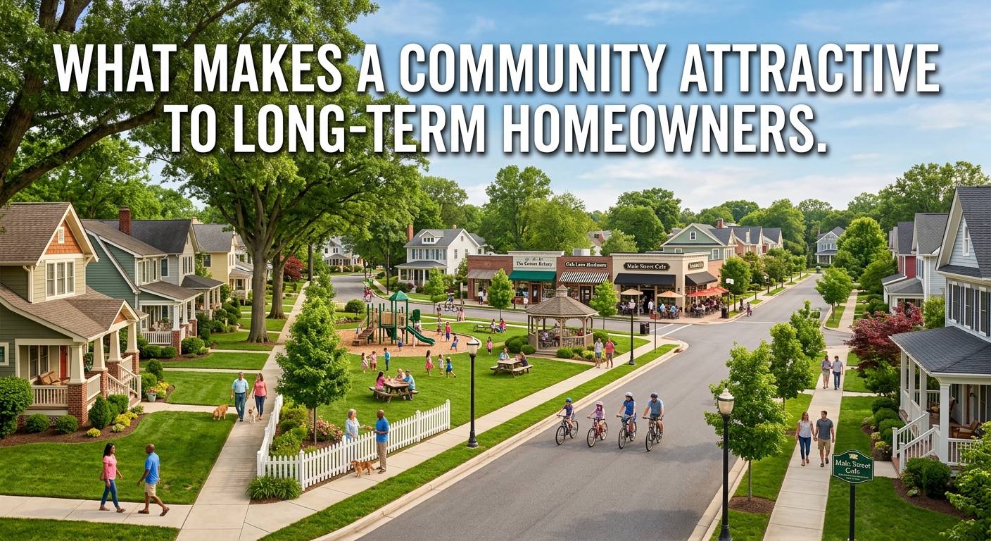A welcoming South Jersey neighborhood with tree-lined streets, community parks, local shops, and residents enjoying outdoor spaces together, illustrating what makes a community attractive to long-term homeowners, overlaid with the text: “What Makes a Community Attractive to Long-Term Homeowners.”