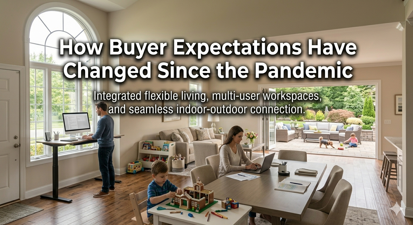 Modern South Jersey family working, studying, and relaxing in a flexible open-concept home with dedicated office space and outdoor patio, illustrating how buyer expectations have changed since the pandemic, overlaid with the text: “How Buyer Expectations Have Changed Since the Pandemic”