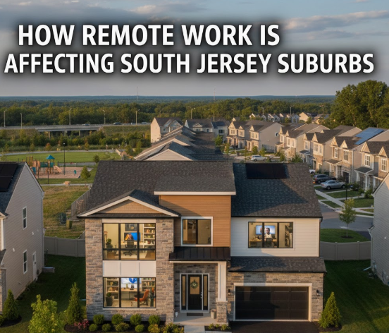 South Jersey suburban neighborhood with modern single-family homes and visible home office setups, overlaid with the text: ‘HOW REMOTE WORK IS AFFECTING SOUTH JERSEY SUBURBS’