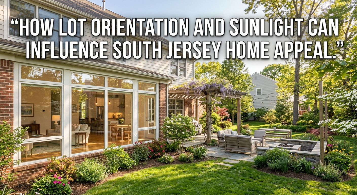 South Jersey home with large windows, bright natural sunlight flowing through the interior, a backyard with thoughtful landscaping and outdoor living space, illustrating how lot orientation, sun exposure, and natural light can influence home appeal, buyer interest, and resale value, overlaid with the title: “How Lot Orientation and Sunlight Can Influence South Jersey Home Appeal.”